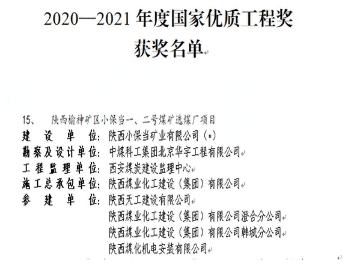 喜訊！陜煤建設(shè)一項(xiàng)工程斬獲國家優(yōu)質(zhì)工程獎(jiǎng)