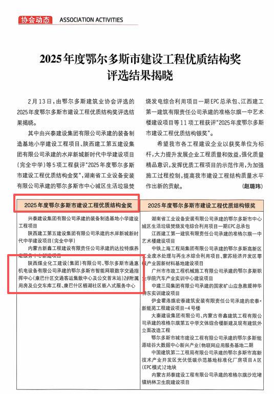喜報(bào)！陜煤建設(shè)內(nèi)蒙古分公司雙項(xiàng)目獲評(píng)鄂爾多斯市優(yōu)質(zhì)結(jié)構(gòu)金獎(jiǎng)